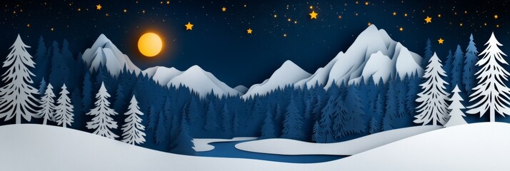 a serene paper cut-out landscape depicting a snowy forest with mountains, a winding river, and a ful