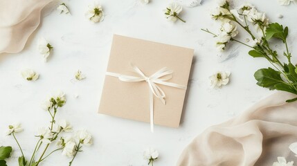 Elegant wedding invitation mockup with blank card on white floral background, greeting card mockup for Valentine's day or birthday, mother's day