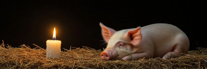 A small piglet rests peacefully on a bed of hay, its head resting on its paws. A lit candle glows softly nearby, casting a warm light on the scene. The image symbolizes peace, tranquility, innocence, 