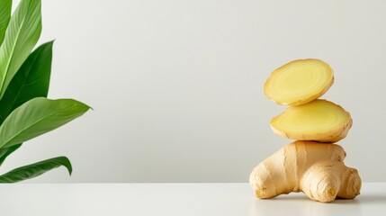 A stack of sliced ginger root sits on a white countertop with a green plant leaf in the background. The ginger is a natural remedy for nausea, inflammation, and cold symptoms.