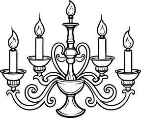 Candle and Candlestick Chandelier line art vector illustration