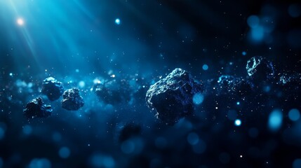 Wall Mural - an ethereal scene depicting a field of icy asteroids, bathed in the ethereal glow of a distant star.