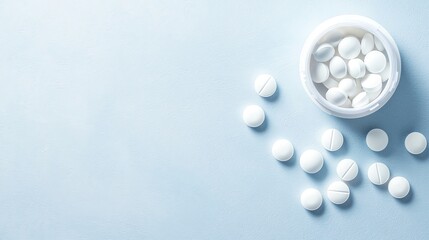 White pills spilling out of a container on a light blue background.