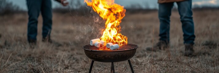 Two friends enjoy a cozy evening by a campfire, roasting marshmallows on a grill in a field. The warmth of the fire and the camaraderie of friends create a sense of community and togetherness. The ima