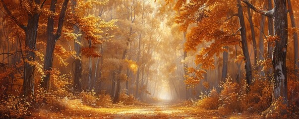 Wall Mural - Pathway through a golden autumn forest