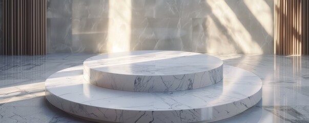 White marble pedestal with a smooth finish, set against a luxurious backdrop.