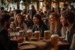 © Anastasiya - A group of friends enjoying large mugs of beer at a table during Oktoberfest, smiling and engaging in lively conversation, surrounded by festive decorations and a joyful atmosphere