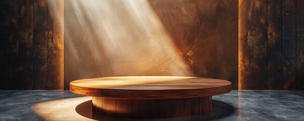 Wall Mural - polished wooden podium with a minimalist design, spotlighted in a classic setting.