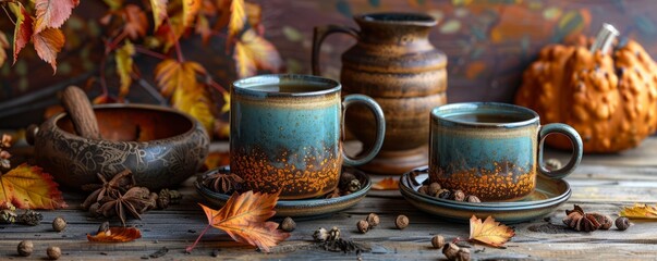 Wall Mural - Warm autumn tea in a rustic mug