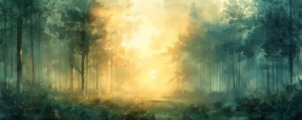 Wall Mural - A painting of a forest with a bright yellow sun shining through the trees. The mood of the painting is peaceful and serene