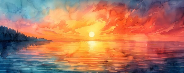 Wall Mural - Watercolor abstract sunrise over the ocean with vibrant colors.