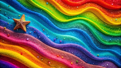 Wall Mural - Vibrant background with rainbow sand ribbons and liquid textures overlaid with gradient overlays and star points