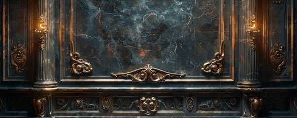 Bronze podium with ornate carvings, set against a rich, dark backdrop.