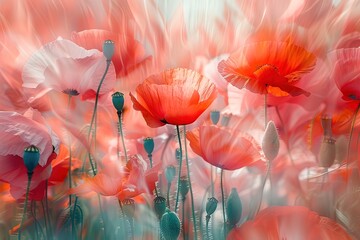 Vivid summer poppy plantation creates beautiful abstract background in bright daylight