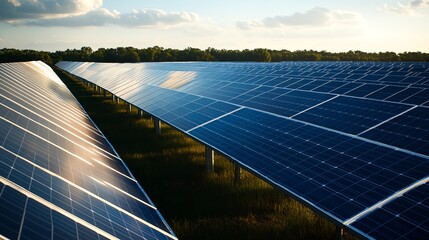 A stunning view of solar panels reflecting sunlight in a vibrant landscape, showcasing renewable energy in action.