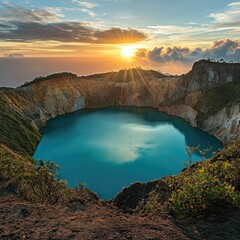 A panoramic view of Kelimutu's crater lakes, with the sun rising over the horizon and illuminating the vibrant waters