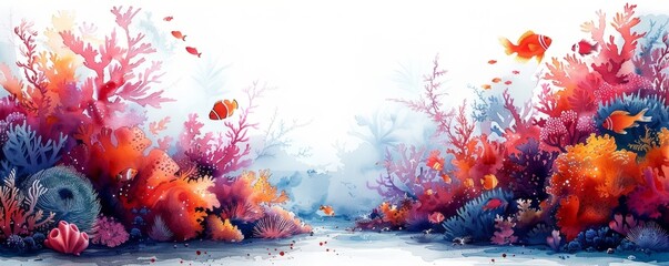 Wall Mural - Abstract coral reef with fish and sea anemones in watercolor on white.