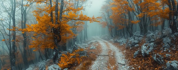 Wall Mural - Path through an autumn forest with fog