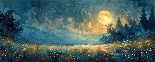 abstract moonlit meadow with ethereal light in watercolor.