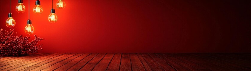 A red sale sign with lightbulbs, set against a rich red wall with wooden flooring for a striking visual effect