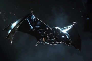 A glossy black robotic bat soaring through the night sky in search of prey