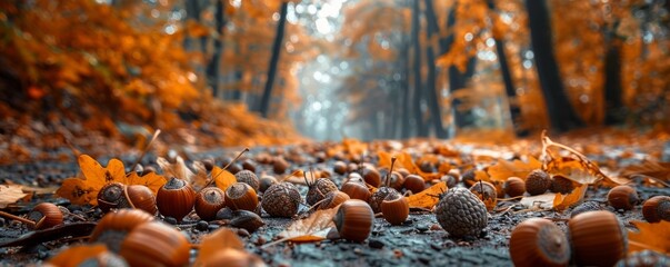 Poster - Autumn acorns scattered on a forest floor