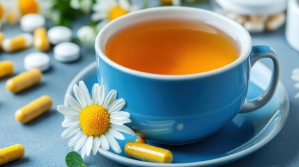 Wall Mural - A cup of tea with a daisy and pills on the table, AI