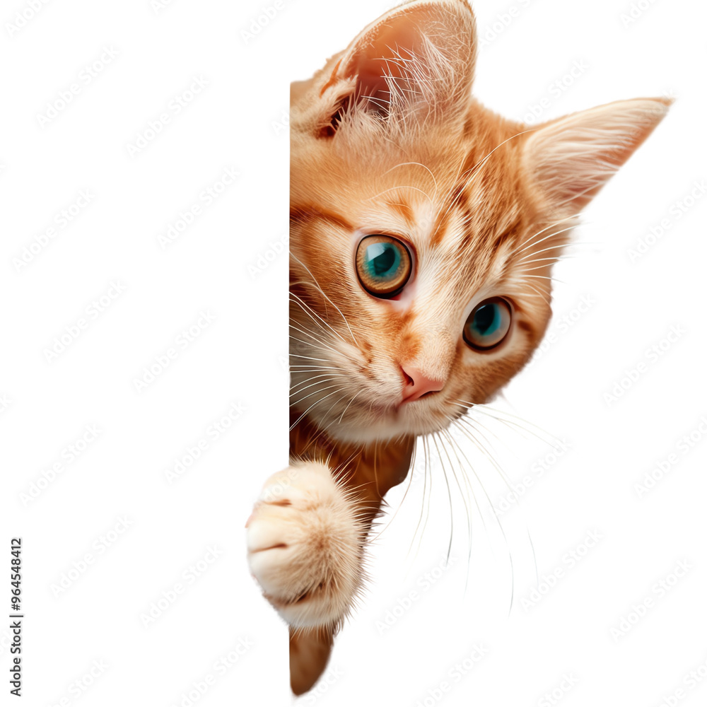 Curious orange kitten peeking around a corner with wide blue eyes ...