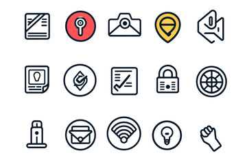 A set of diverse vector icons including key, lock, location, email, and more, ideal for web design and application development.