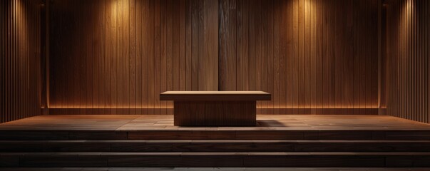 Wall Mural - Create a podium mockup with a rich oak finish.