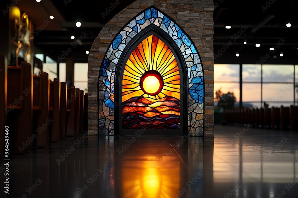 Windows Sun Rising Stained glass window, depicting a rising sun, symbol of new beginnings ...
