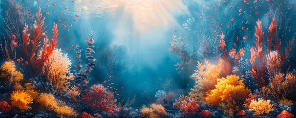 Wall Mural - Watercolor abstract underwater landscape with sea plants.