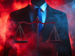 An artistic representation of the balance between justice and evil, featuring a lawsuit against a red smoke background.