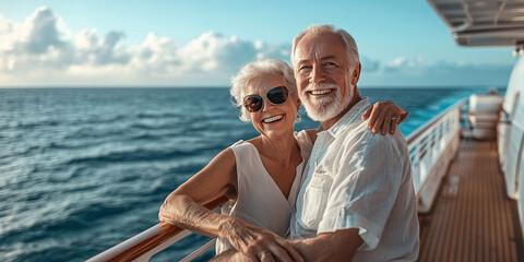 Beautiful pensioner enjoying cruise vacation. Elderly man and woman having fun on cruise ship. Old man and old lady traveling by sea