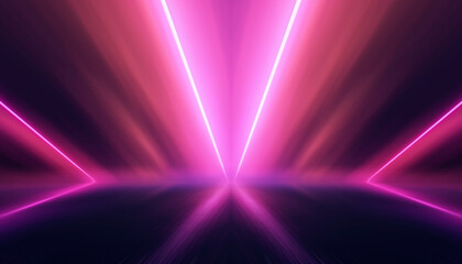 Poster - Neon tunnel with geometric lamps, pink and purple light, dark corridor, futuristic dark neon portal.