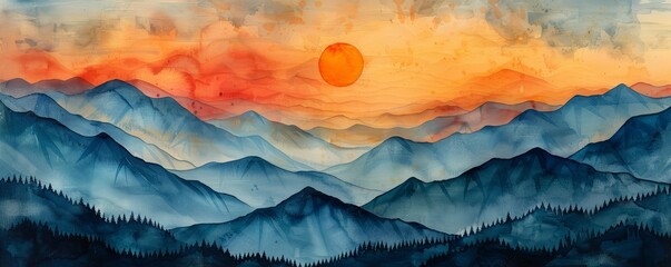 Poster - Watercolor abstract sunrise over mountains with light rays on white.