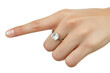 © Sodapeaw - Close-up of a hand with an elegant engagement ring, pointing with the index finger against a transparent background.