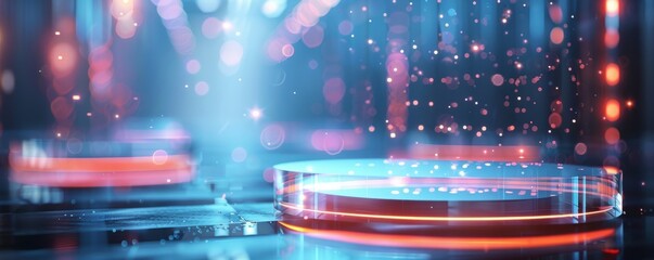 Futuristic glass podium with holographic elements, creating a tech-savvy display.