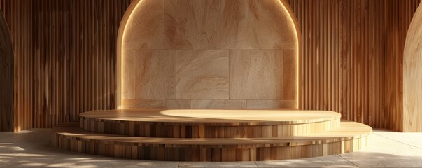 Wall Mural - Mockup of a podium with a wooden finish.