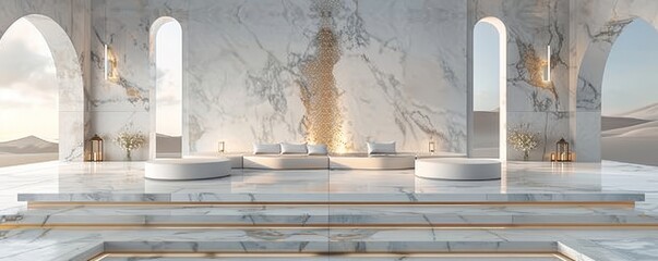 Wall Mural - White marble podium with gold inlays, creating a luxurious display.