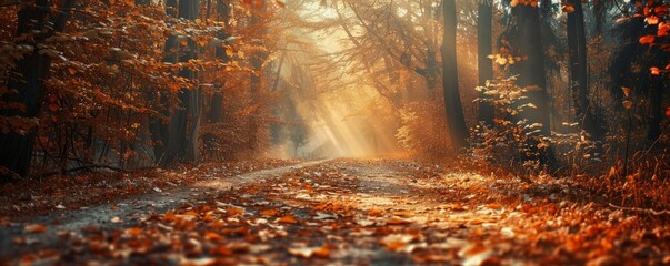 Poster - Scenic autumn pathway with sunlight