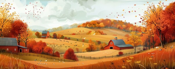 Poster - Scenic autumn countryside with farms