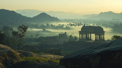 A serene shot of the Hampi countryside at dawn, with mist rising over the ancient ruins.