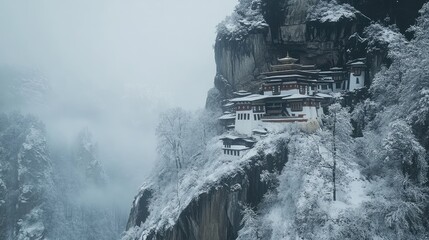 Wall Mural - A serene shot of Tiger's Nest Monastery in winter, with snow covering the surrounding landscape.