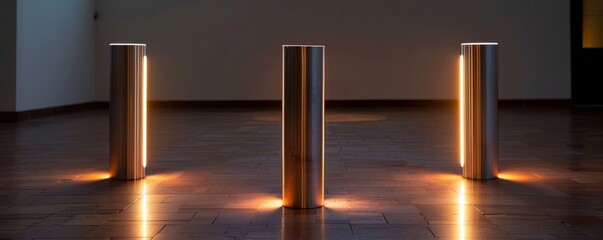 Modern steel pedestal with a minimalist design, illuminated by cool, white lighting.