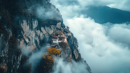 Wall Mural - A serene shot of Tiger's Nest Monastery nestled among the clouds, high above the Paro Valley.