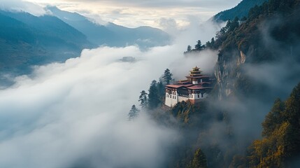 Wall Mural - A serene shot of Tiger's Nest Monastery nestled among the clouds, high above the Paro Valley.