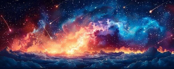 Wall Mural - Watercolor abstract starry sky with shooting stars.