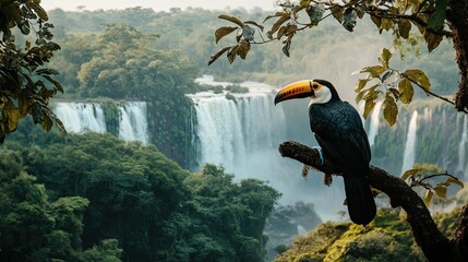 A toucan perched on a tree branch in Iguazu National Park, with the waterfalls in the distance.