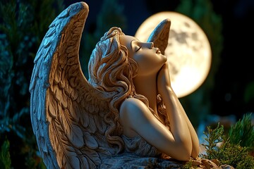 Wall Mural - Stone angel, bathed in moonlight, glowing softly in the dark seems to come to life under the light of the full moon, a serene figure in the night